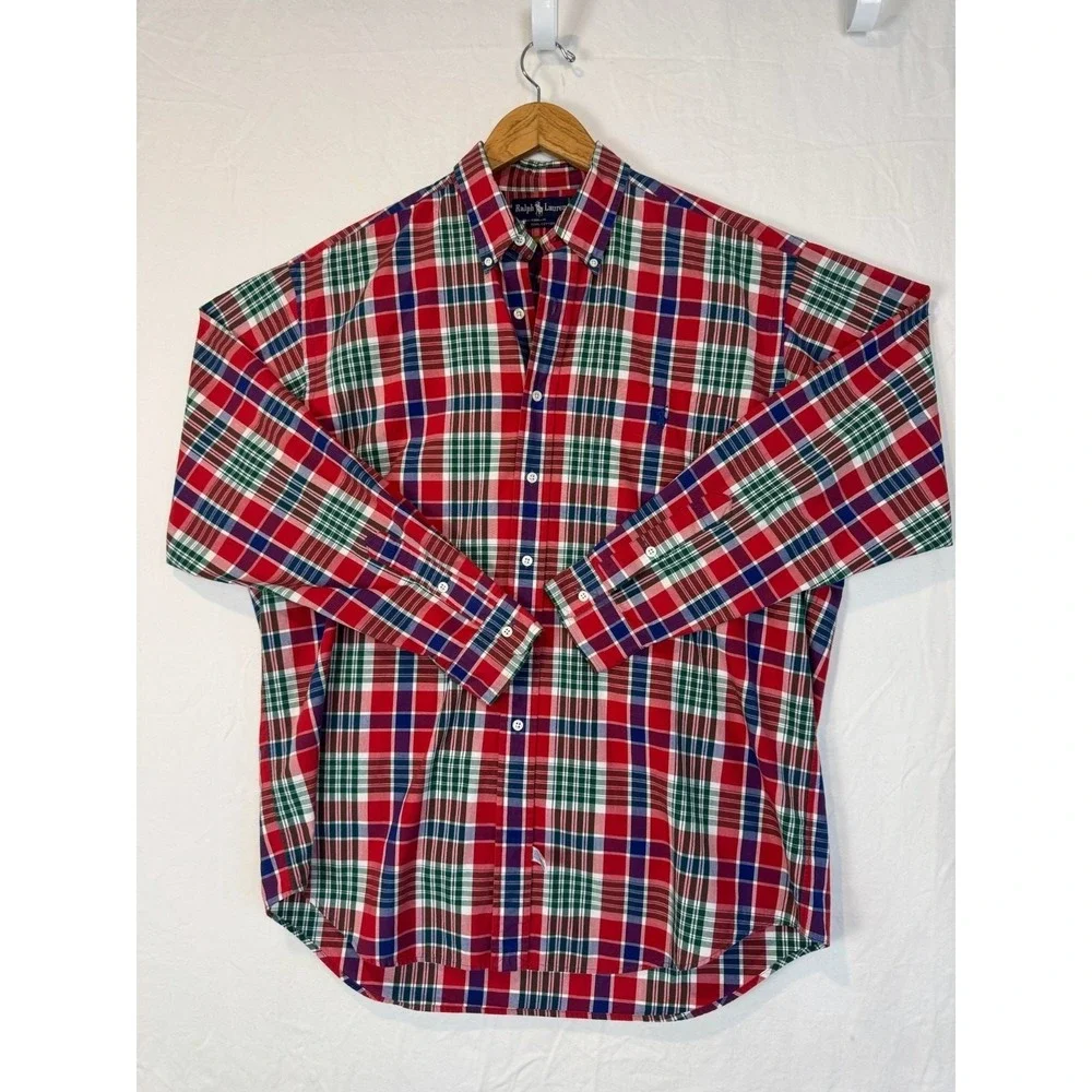Ralph Lauren Polo Shirt Men Large Plaid Red Plaid Long‎ Sleeve Pockets Classic